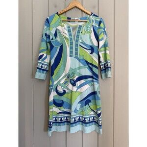 Barbara Gerwit Dress M Medium Blue Green White Geometric Print 3/4 Sleeve Knit
